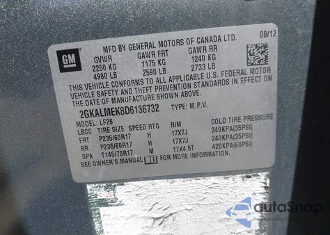 2013 GMC Terrain Sle-1 z USA, uszkodzony, nr VIN 2GKALMEK8D6136732